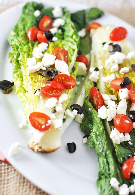 Grilled Romaine Lettuce with Feta, Tomato & Olives