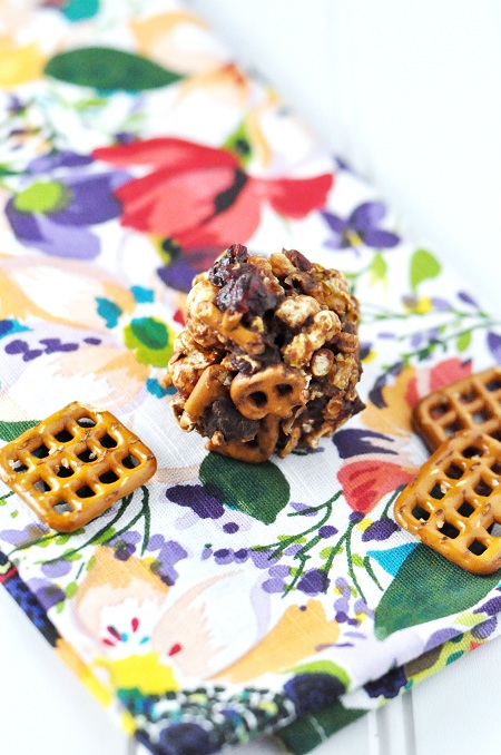 Dark Chocolate Peanut Butter Pretzel Cranberry Popcorn Balls