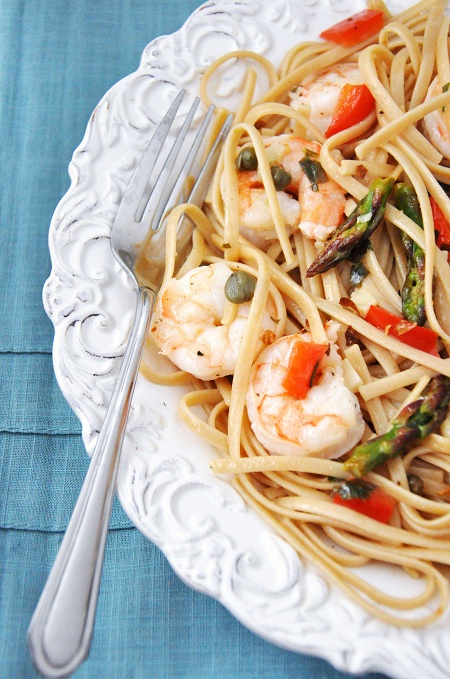 Shrimp, Asparagus & Red Peppers in a Lemon Caper Sauce