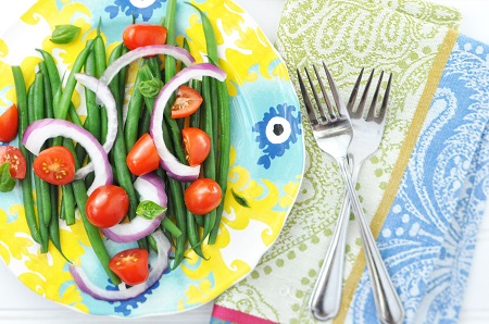 Haricot Verts (French Green Beans) Salad Recipe with Tomatoes, Onion & Basil
