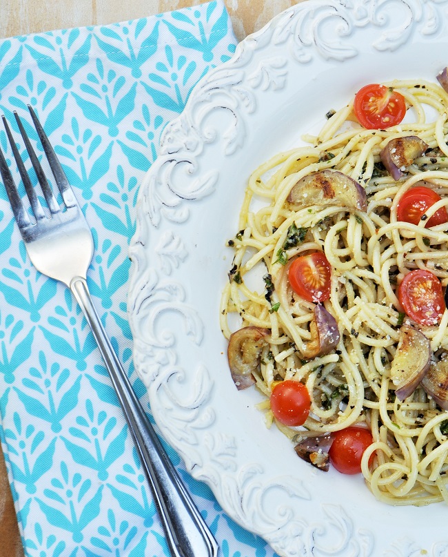 Perfect Basil Pesto Pasta with Grilled Eggplant and Cherry Tomatoes