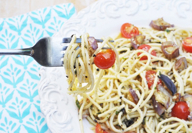 Perfect Basil Pesto Pasta with Grilled Eggplant and Cherry Tomatoes