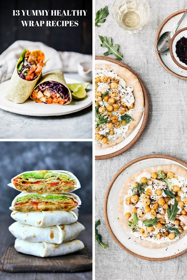 13 Yummy Healthy Wrap Recipes including vegan, vegetarian and meat packed sandwiches.