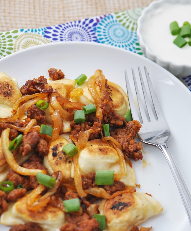 Mini Pierogies with Chorizo and Caramelized Onions