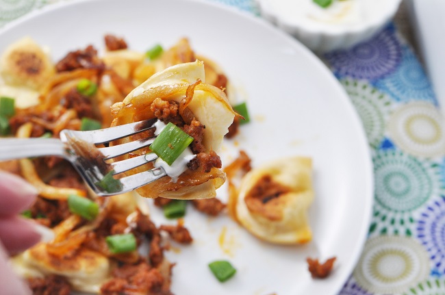 Mini Pierogies with Chorizo and Caramelized Onions