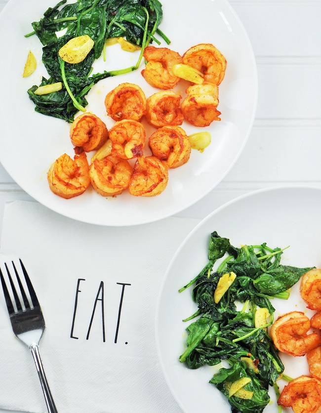 One Pan Turmeric Marinated Shrimp with Sauteed Baby Kale and Spinach Recipe