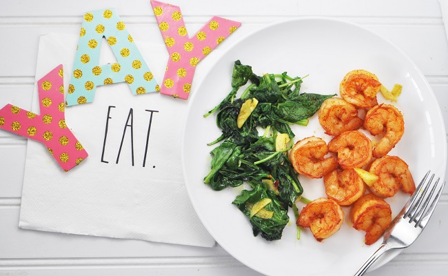 One Pan Turmeric Marinated Shrimp with Sauteed Baby Kale and Spinach Recipe